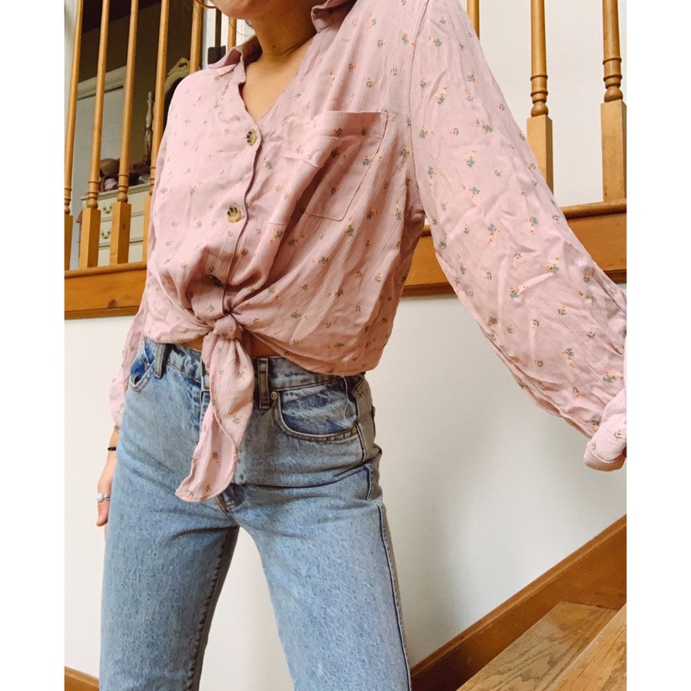 Pink floral button up tie blouse